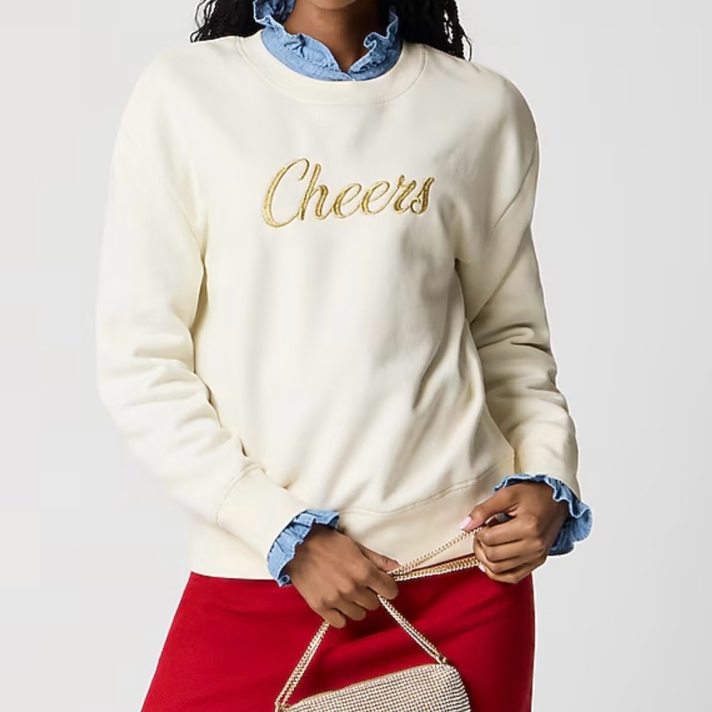 J. Crew Cream Sweater with Gold 'Cheers' Embroidery